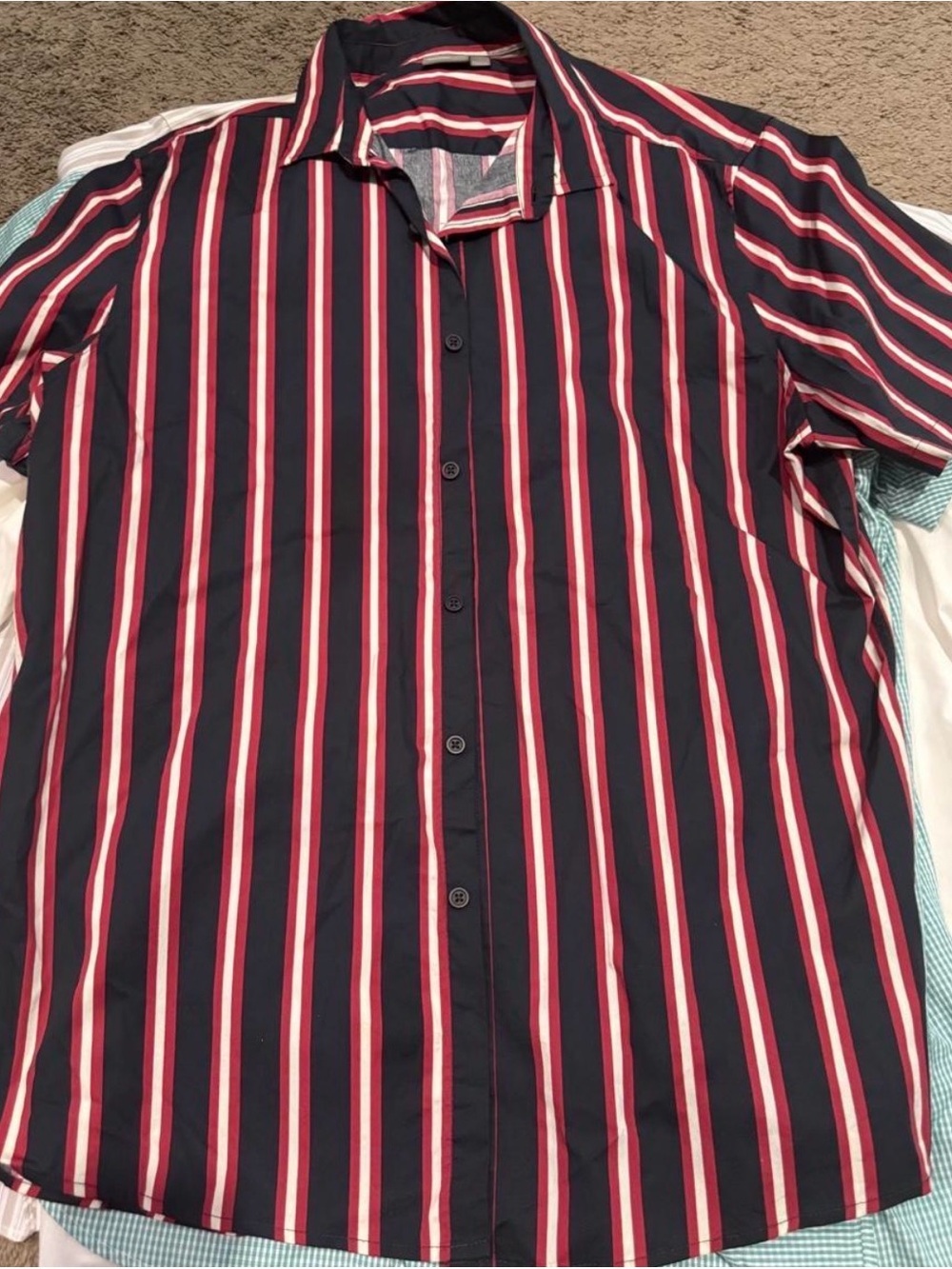 ASOS Men's Navy and Red Stripe Button-Up Shirt Size XL